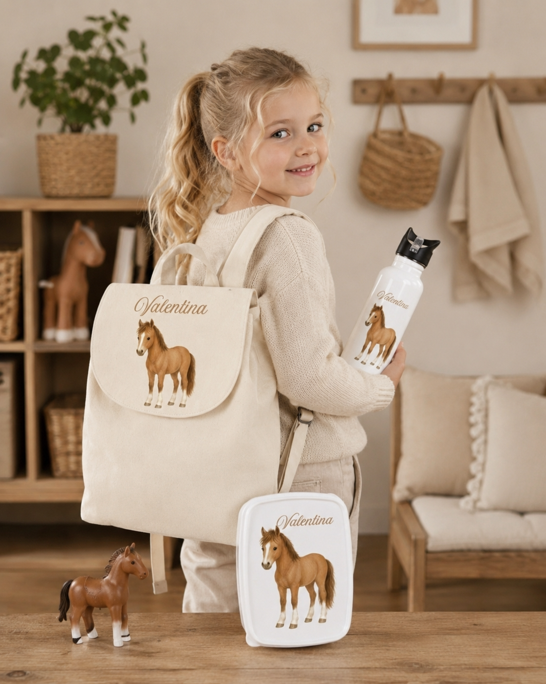 Ensemble Rentrée Cheval — Sac à dos, gourde & boîte à tartines personnalisés
