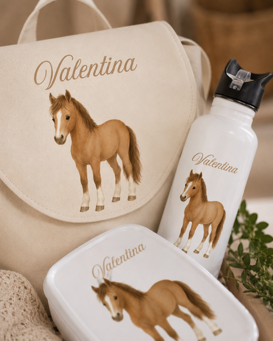 Ensemble Rentrée Cheval — Sac à dos, gourde & boîte à tartines personnalisés