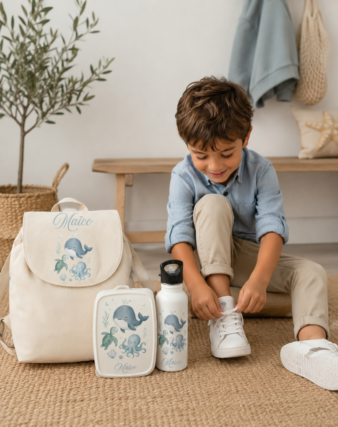 Ensemble Rentrée Océan — Sac à dos, gourde & boîte à tartines personnalisés