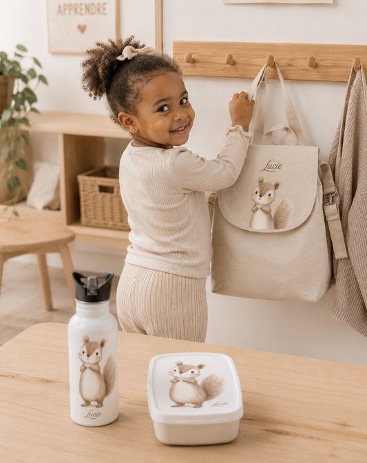 Ensemble Rentrée Ecureuil — Sac à dos, gourde & boîte à tartines personnalisés