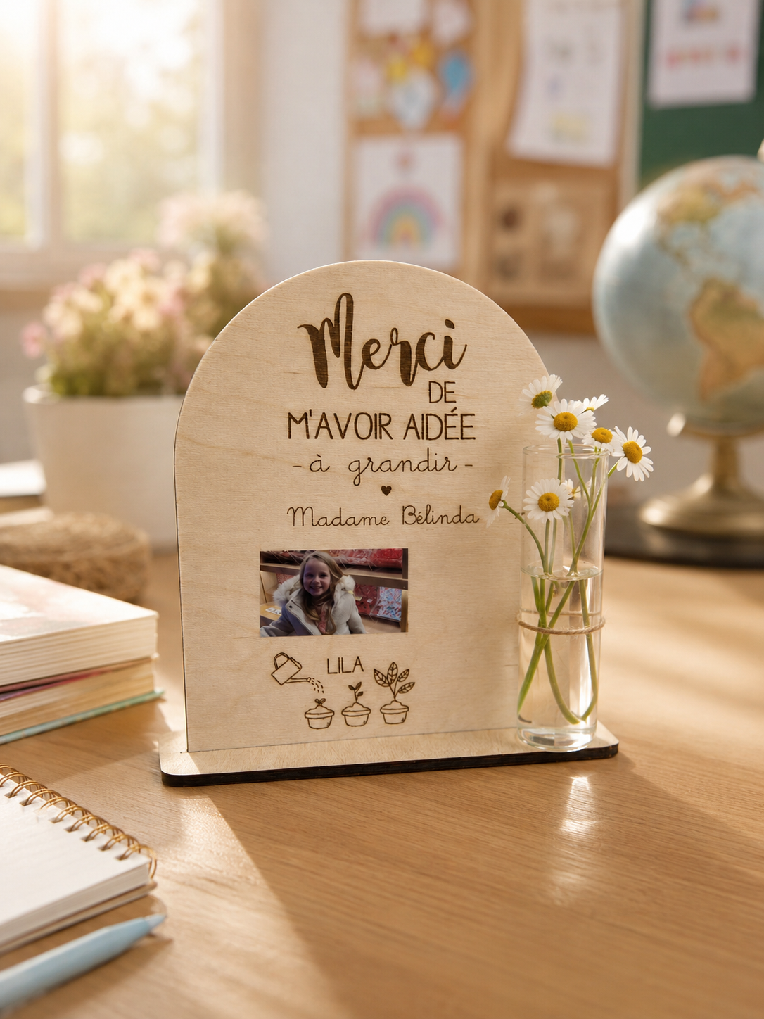 Déco en bois graines maîtresse