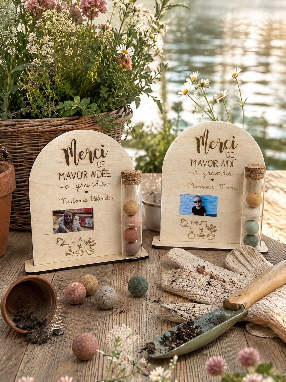 Déco en bois graines maîtresse