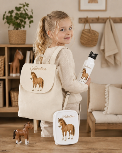 Ensemble Rentrée Cheval — Sac à dos, gourde & boîte à tartines personnalisés