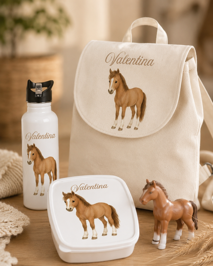 Ensemble Rentrée Cheval — Sac à dos, gourde & boîte à tartines personnalisés