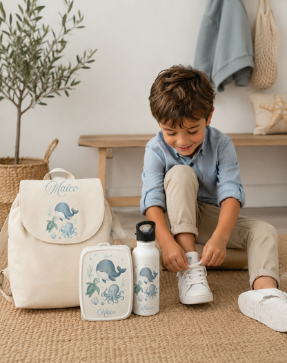 Ensemble Rentrée Océan — Sac à dos, gourde & boîte à tartines personnalisés