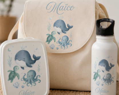 Ensemble Rentrée Océan — Sac à dos, gourde & boîte à tartines personnalisés