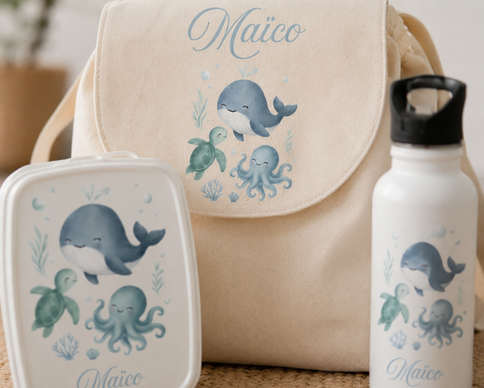 Ensemble Rentrée Océan — Sac à dos, gourde & boîte à tartines personnalisés