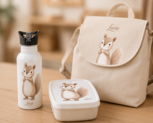 Ensemble Rentrée Ecureuil — Sac à dos, gourde & boîte à tartines personnalisés