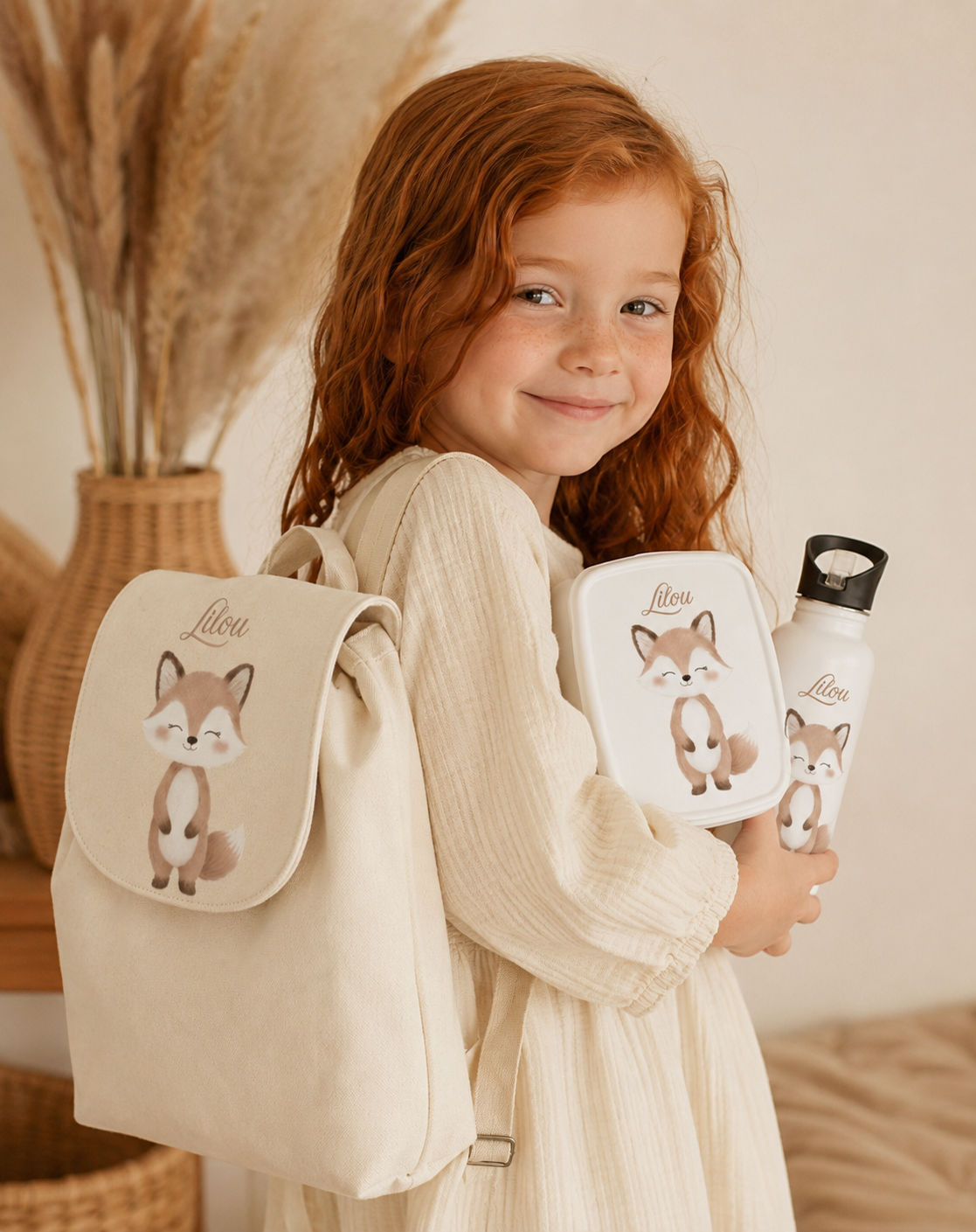 Ensemble Rentrée Renard — Sac à dos, gourde & boîte à tartines personnalisés