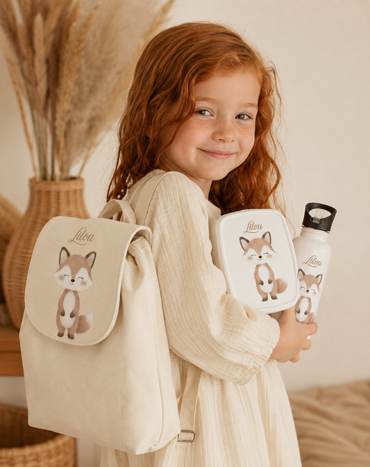 Ensemble Rentrée Renard — Sac à dos, gourde & boîte à tartines personnalisés