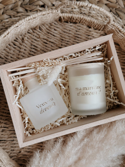 Coffret en bois, bougie et diffuseur - demande marraine